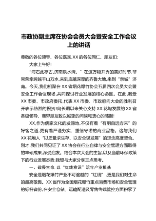 市政协副主席在协会会员大会暨安全工作会议上的讲话