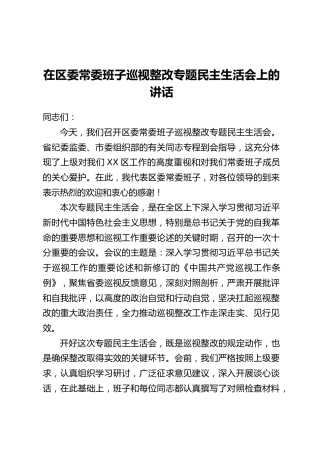 在区委常委班子巡视整改专题民主生活会上的讲话