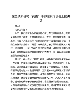 乡镇新任村“两委”干部履职培训会上的讲话