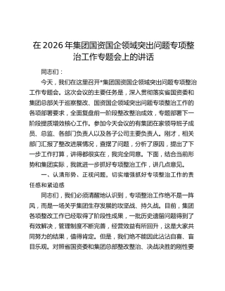 国资国企领域突出问题专项整治工作专题会上的讲话