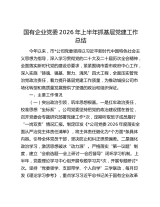 国有企业党委2026年上半年抓基层党建工作总结