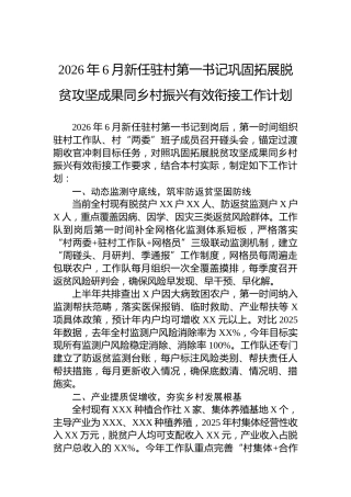 2026年6月新任驻村第一书记巩固拓展脱贫攻坚成果同乡村振兴有效衔接工作计划
