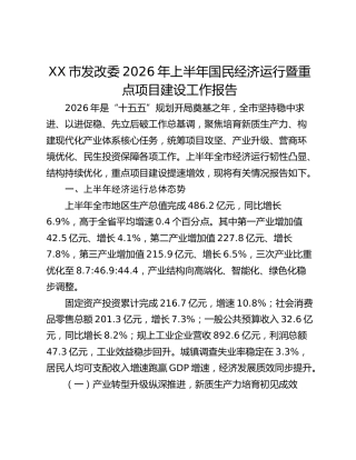 XX市发改委2026年上半年国民经济运行暨重点项目建设工作报告