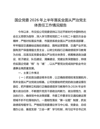 国企党委2026年上半年落实全面从严治党主体责任工作情况报告