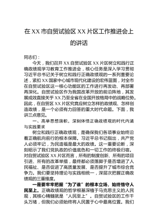 在XX市自贸试验区XX片区工作推进会上的讲话