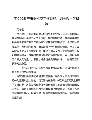 在2026年市委巡察工作领导小组会议上的讲话