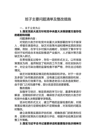 班子主要问题清单及整改措施
