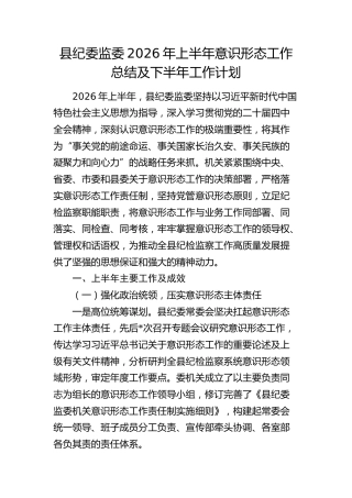 县纪委监委2026年上半年意识形态工作总结