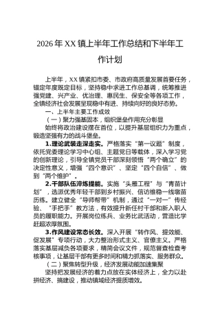 2026年XX镇上半年工作总结和下半年工作计划