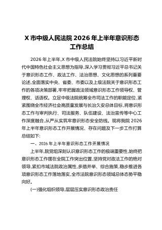 X市中级人民法院2026年上半年意识形态工作总结