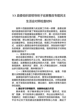 XX县委组织部领导班子巡察整改专题民主生活会对照检查材料