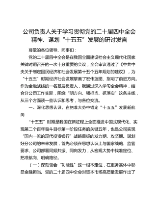 公司负责人关于学习贯彻党的二十届四中全会精神、谋划“十五五”发展的研讨发言