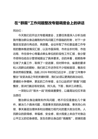 在“群腐”工作问题整改专题调度会上的讲话