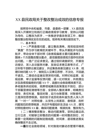 XX县民政局关于整改整治成效的信息专报