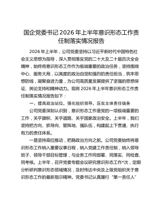 国企党委书记2026年上半年意识形态工作责任制落实情况报告