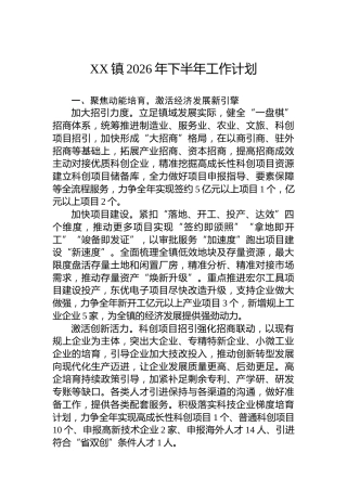XX镇2026年下半年工作计划