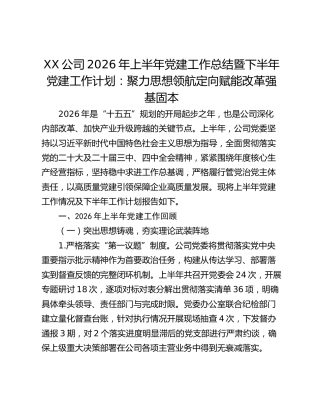 XX公司2026年上半年党建工作总结暨下半年党建工作计划：聚力思想领航定向 赋能改革强基固本