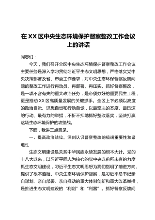 在XX区中央生态环境保护督察整改工作会议上的讲话_1