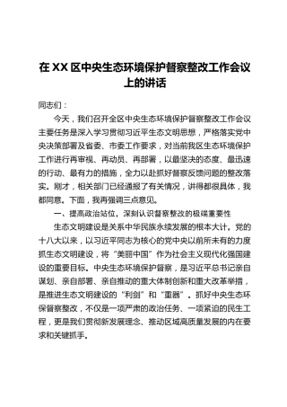 在XX区中央生态环境保护督察整改工作会议上的讲话