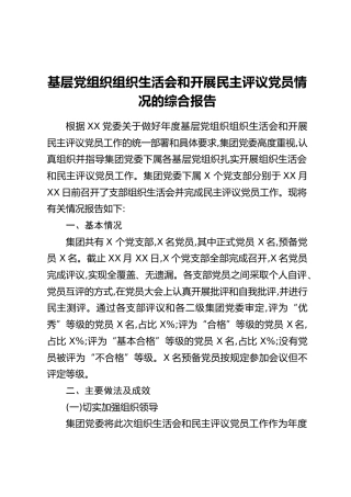 基层党组织组织生活会和开展民主评议党员情况的综合报告