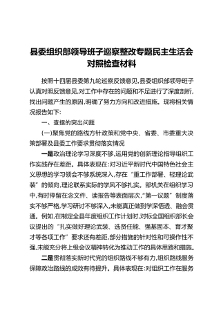 县委组织部领导班子巡察整改专题民主生活会对照检查材料
