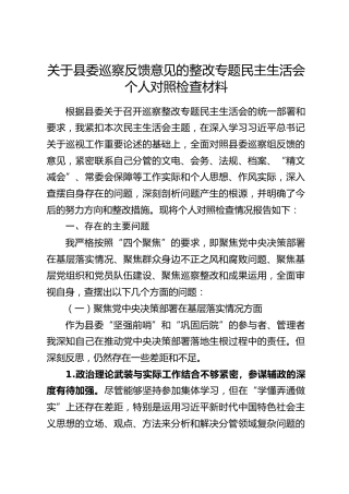 关于县委巡察反馈意见的整改专题民主生活会个人对照检查材料