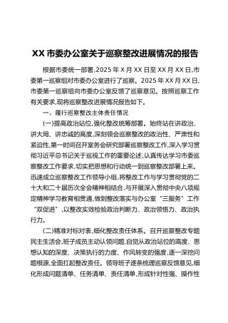 XX市委办公室关于巡察整改进展情况的报告