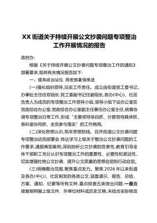 XX街道关于持续开展公文抄袭问题专项整治工作开展情况的报告