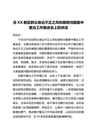 在XX新区群众身边不正之风和腐败问题集中整治工作推进会上的讲话