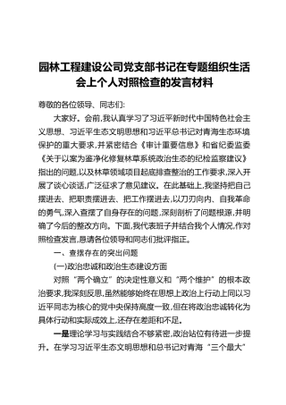 园林工程建设公司党支部书记在专题组织生活会上个人对照检查的发言材料