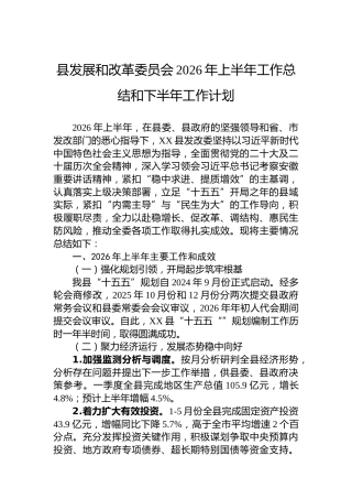 县发展和改革委员会2026年上半年工作总结和下半年工作计划