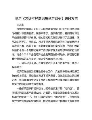 学习《习近平经济思想学习纲要》研讨发言