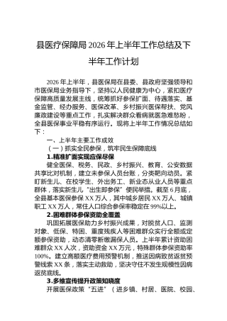县医疗保障局2026年上半年工作总结及下半年工作计划