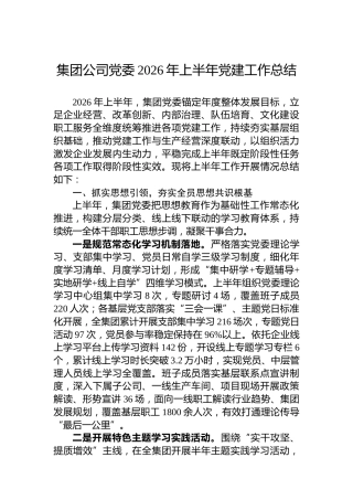 集团公司党委2026年上半年党建工作总结