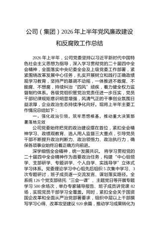 公司（集团）2026年上半年党风廉政建设和反腐败工作总结