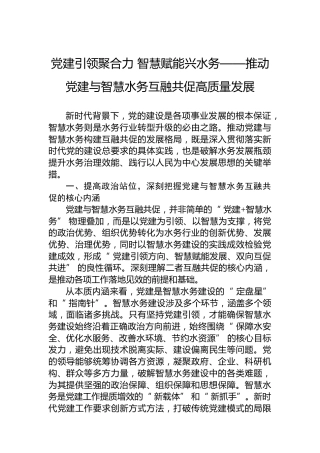 党建引领聚合力智慧赋能兴水务——推动党建与智慧水务互融共促高质量发展