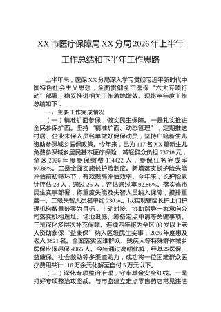 XX市医疗保障局XX分局2026年上半年工作总结和下半年工作思路