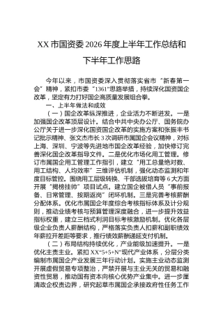 XX市国资委2026年度上半年工作总结和下半年工作思路