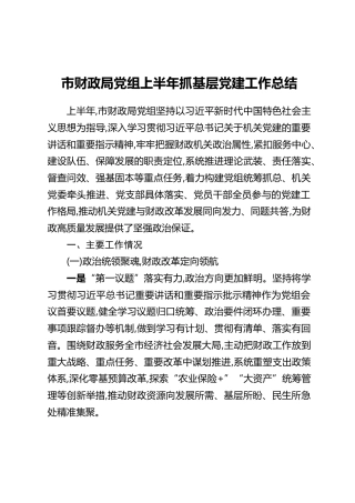 市财政局党组上半年抓基层党建工作总结