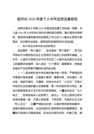 副市长2026年度个人半年述责述廉报告