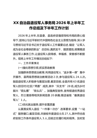XX自治县退役军人事务局2026年上半年工作总结及下半年工作计划