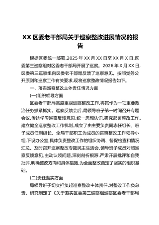 XX区委老干部局关于巡察整改进展情况的报告