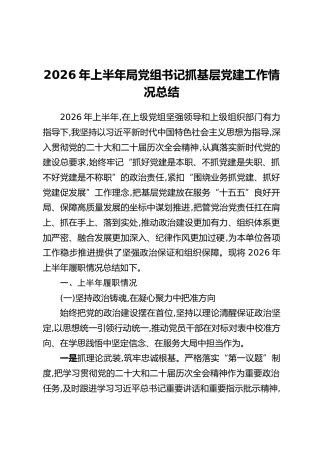 2026年上半年局党组书记抓基层党建工作情况总结