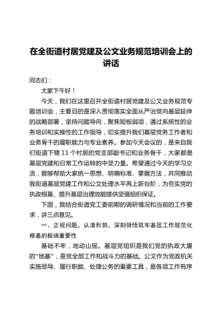 在全街道村居党建及公文业务规范培训会上的讲话