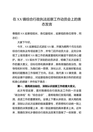 在XX镇综合行政执法巡察工作动员会上的表态发言