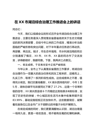 在XX市湖泊综合治理工作推进会上的讲话