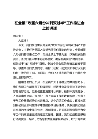 在全镇“攻坚六月份冲刺双过半”工作推进会上的讲话