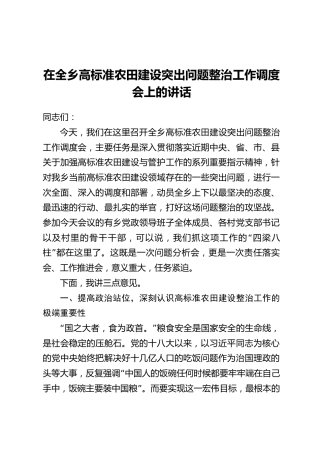 在全乡高标准农田建设突出问题整治工作调度会上的讲话