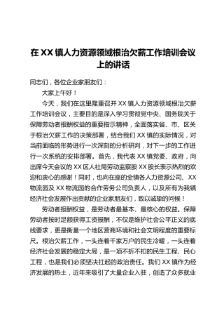 在XX镇人力资源领域根治欠薪工作培训会议上的讲话