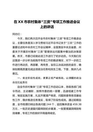在XX市农村集体“三资”专项工作推进会议上的讲话